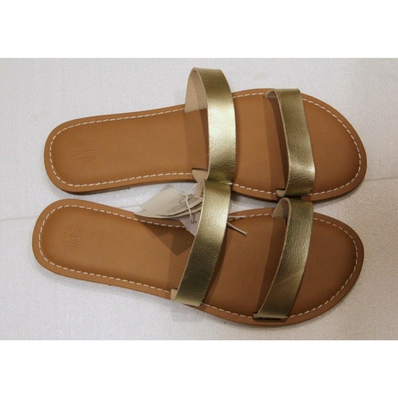 GAP Double Strap Flat Light Metallic Pale Gold Faux Leather Slides Sz 8 Sandal - Picture 4 of 4